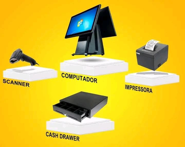 Configuração típica do Perfil A: computador com impressora térmica num balcão de loja